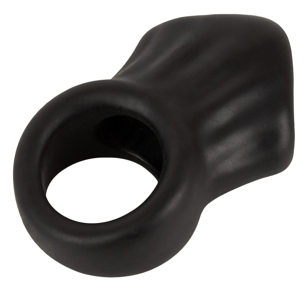 Schwarzer Cockring mit Ball-Stretcher, seitliche Ansicht